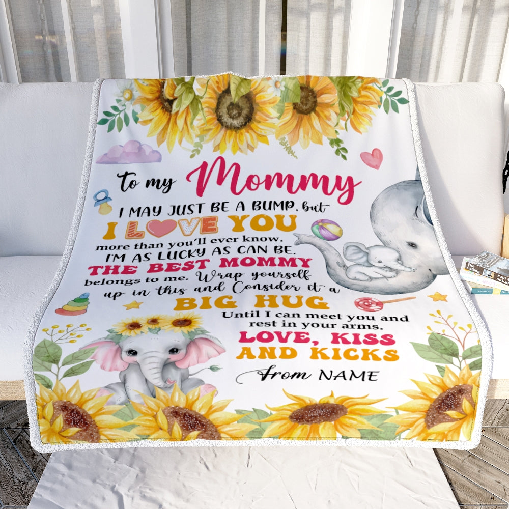 Personalized To My Mommy Blanket From Baby Name First Time Mom Elephant Sunflower I May Just Be A Bump Happy Mothers Day Customized Bed Fleece Blanket | siriusteestore