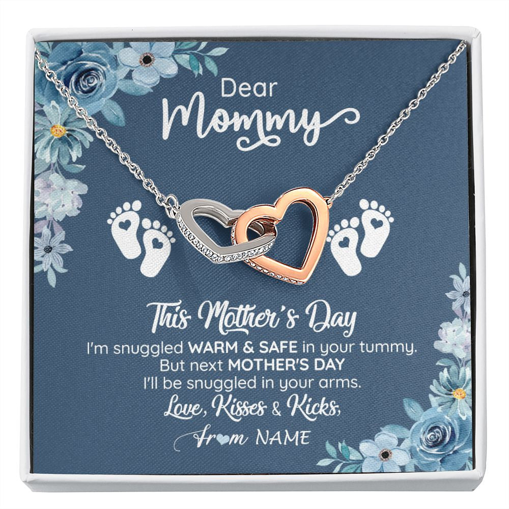 Interlocking Hearts Necklace | Personalized To My Mommy From Your Tummy Necklace Unborn Baby Bump Expecting Mom Pregnant Wife New Mom Mothers Day Customized Gift Box Message Card | siriusteestore