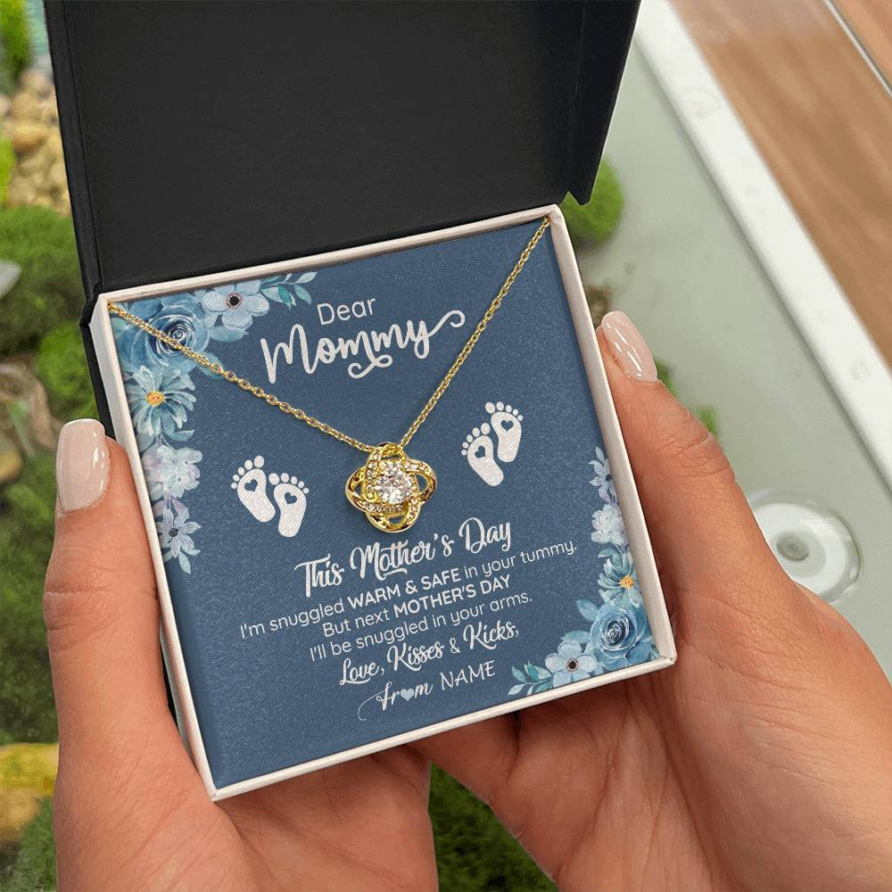 Love Knot Necklace 18K Yellow Gold Finish | 2 | Personalized To My Mommy From Your Tummy Necklace Unborn Baby Bump Expecting Mom Pregnant Wife New Mom Mothers Day Customized Gift Box Message Card | siriusteestore
