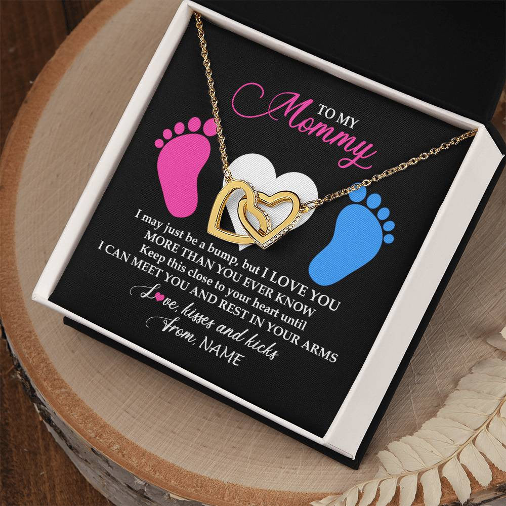 Interlocking Hearts Necklace 18K Yellow Gold Finish | Personalized To My Mommy Necklace Heart Feet Baby First Time for Pregnant Mom Happy 1st Mothers Day Customized Gift Box and Message Card | siriusteestore