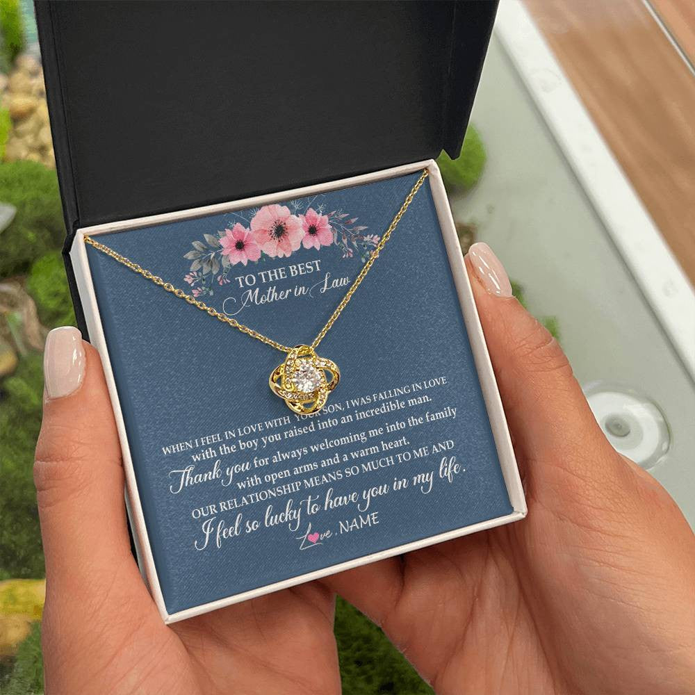 Love Knot Necklace 18K Yellow Gold Finish | Personalized To My Mother In Law Necklace From Daughter In Law Thank You Mother Of The Groom Jewelry Birthday Mothers Day Christmas Customized Message Card | siriusteestore