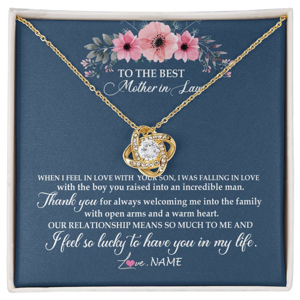 Love Knot Necklace 18K Yellow Gold Finish | Personalized To My Mother In Law Necklace From Daughter In Law Thank You Mother Of The Groom Jewelry Birthday Mothers Day Christmas Customized Message Card | siriusteestore