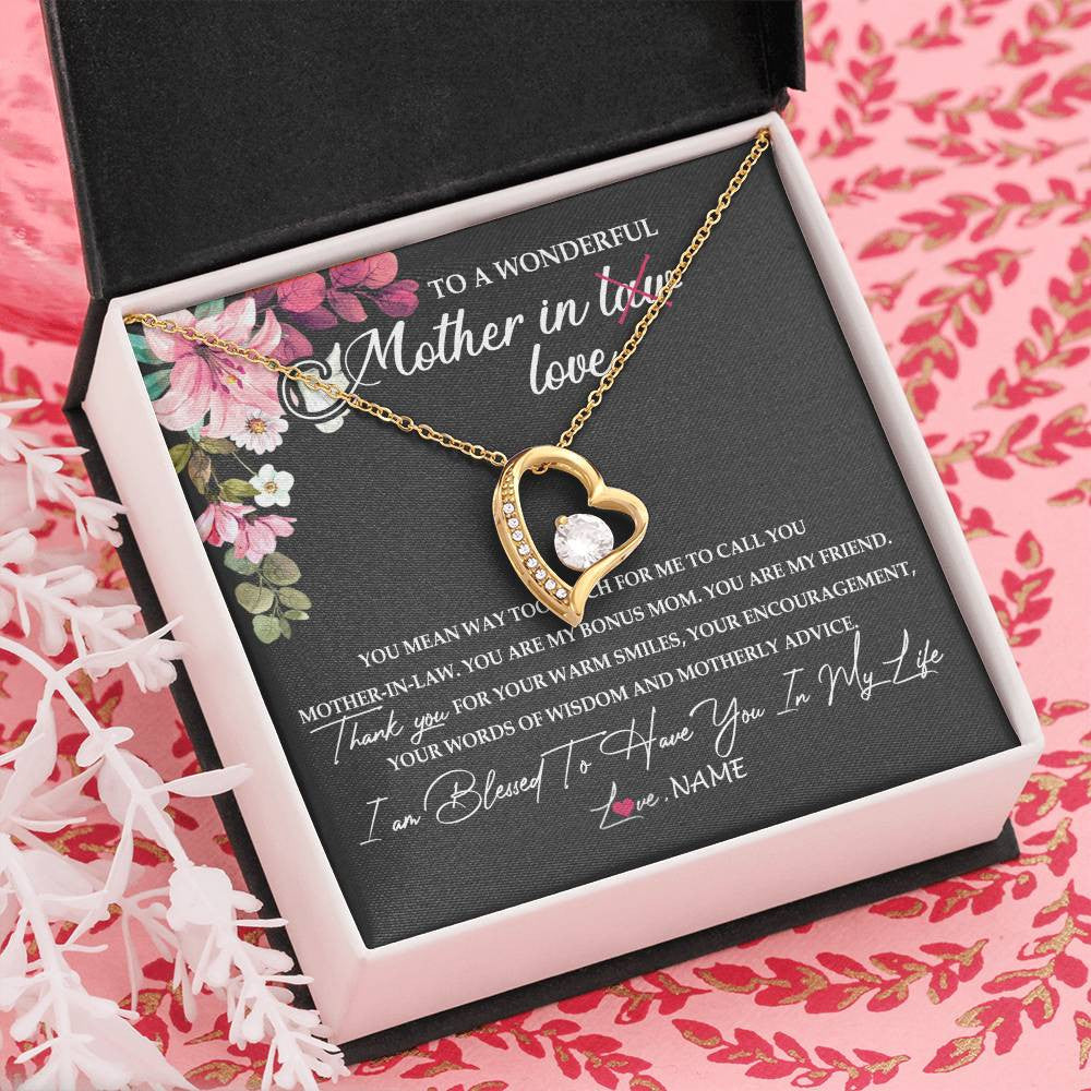 Forever Love Necklace 18K Yellow Gold Finish | Personalized To My Mother In Law Necklace From Daughter In Law You Are My Bonus Mom Jewelry Birthday Mothers Day Christmas Customized Gift Box Message Card | siriusteestore
