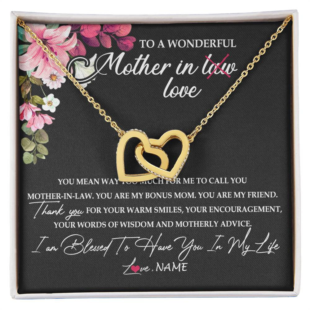 Interlocking Hearts Necklace 18K Yellow Gold Finish | Personalized To My Mother In Law Necklace From Daughter In Law You Are My Bonus Mom Jewelry Birthday Mothers Day Christmas Customized Gift Box Message Card | siriusteestore