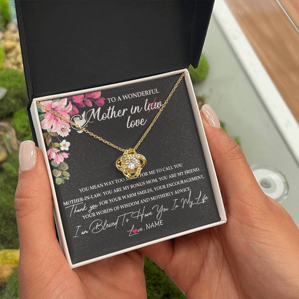 Love Knot Necklace 18K Yellow Gold Finish | Personalized To My Mother In Law Necklace From Daughter In Law You Are My Bonus Mom Jewelry Birthday Mothers Day Christmas Customized Gift Box Message Card | siriusteestore