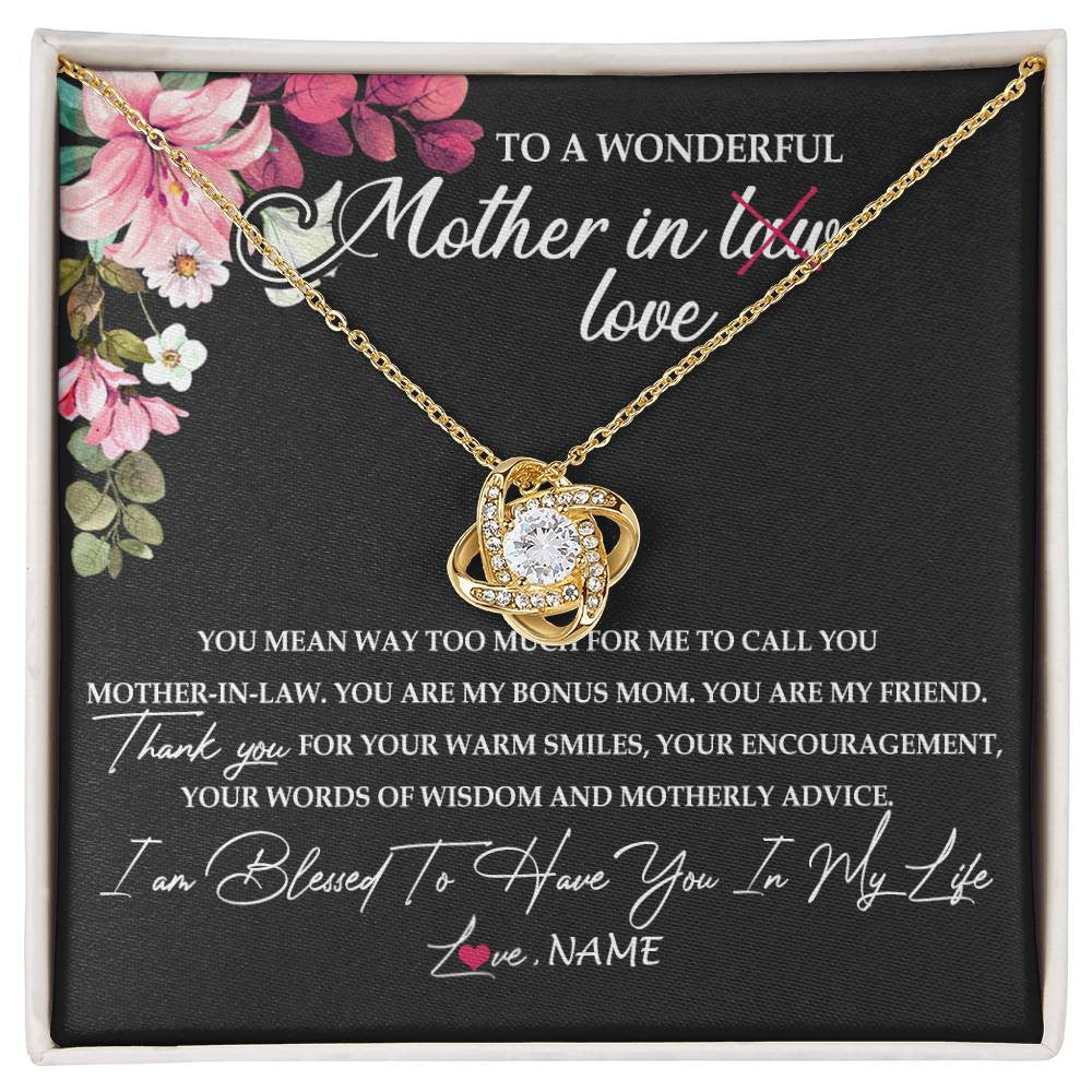Love Knot Necklace 18K Yellow Gold Finish | Personalized To My Mother In Law Necklace From Daughter In Law You Are My Bonus Mom Jewelry Birthday Mothers Day Christmas Customized Gift Box Message Card | siriusteestore