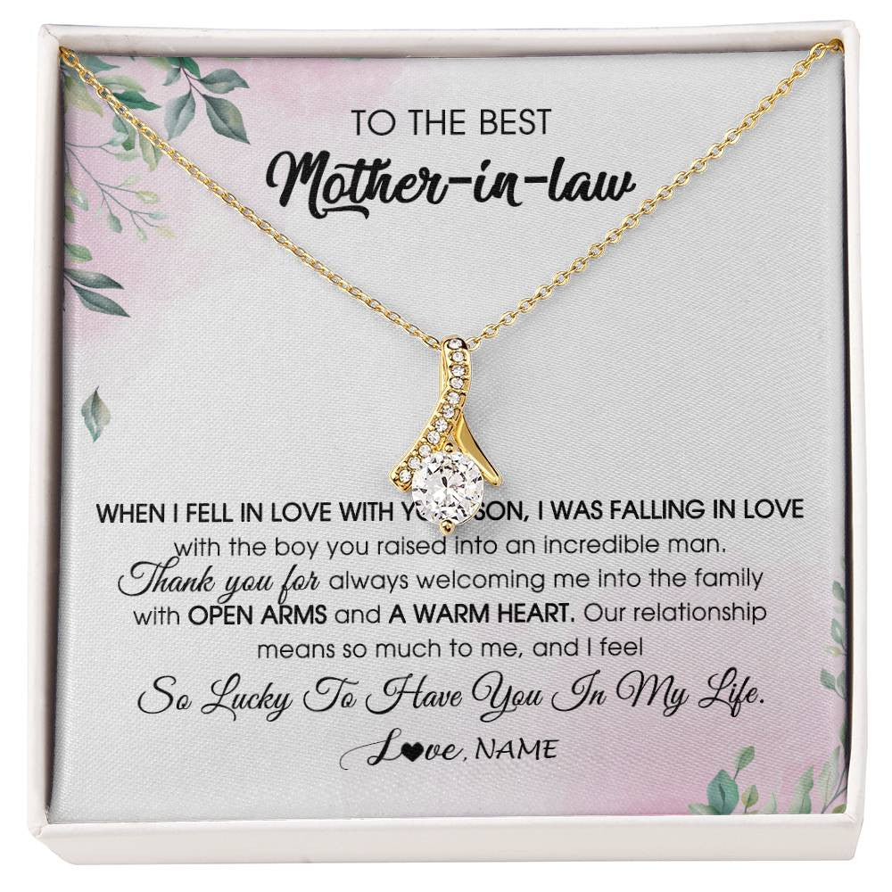 Alluring Beauty Necklace 18K Yellow Gold Finish | Personalized To My Mother In Law Necklace from Daughter In Law I Feel So Lucky Groom's Mother of My Husband Pendant Jewelry Customized Gift Box Message Card | siriusteestore