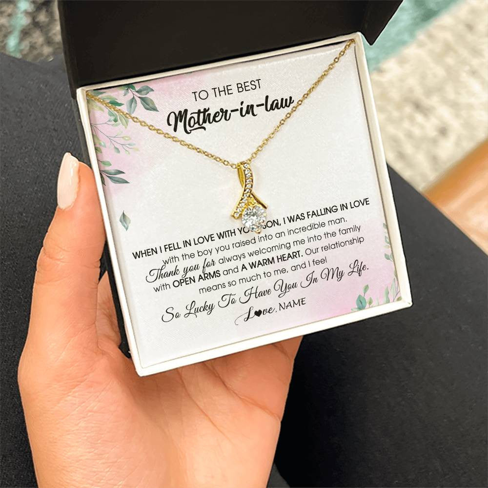 Alluring Beauty Necklace 18K Yellow Gold Finish | Personalized To My Mother In Law Necklace from Daughter In Law I Feel So Lucky Groom's Mother of My Husband Pendant Jewelry Customized Gift Box Message Card | siriusteestore