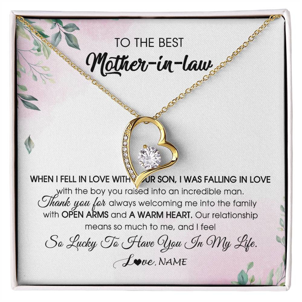 Forever Love Necklace 18K Yellow Gold Finish | Personalized To My Mother In Law Necklace from Daughter In Law I Feel So Lucky Groom's Mother of My Husband Pendant Jewelry Customized Gift Box Message Card | siriusteestore