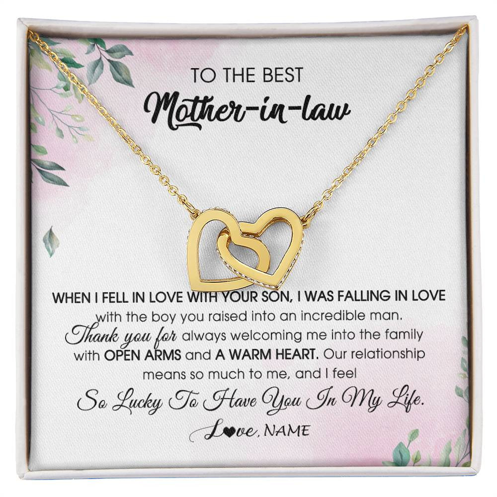 Interlocking Hearts Necklace 18K Yellow Gold Finish | Personalized To My Mother In Law Necklace from Daughter In Law I Feel So Lucky Groom's Mother of My Husband Pendant Jewelry Customized Gift Box Message Card | siriusteestore