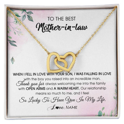Interlocking Hearts Necklace 18K Yellow Gold Finish | Personalized To My Mother In Law Necklace from Daughter In Law I Feel So Lucky Groom's Mother of My Husband Pendant Jewelry Customized Gift Box Message Card | siriusteestore