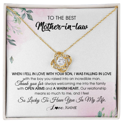 Love Knot Necklace 18K Yellow Gold Finish | Personalized To My Mother In Law Necklace from Daughter In Law I Feel So Lucky Groom's Mother of My Husband Pendant Jewelry Customized Gift Box Message Card | siriusteestore