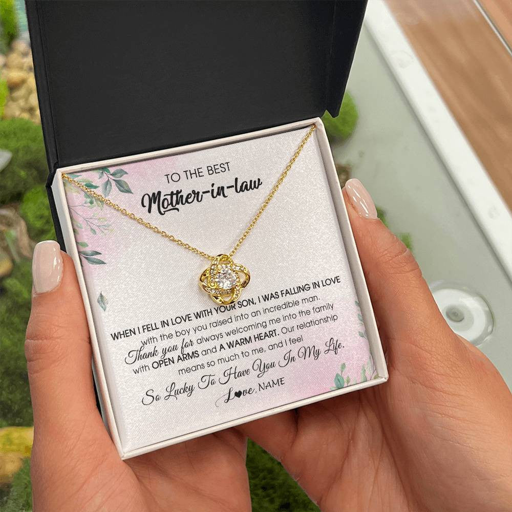 Love Knot Necklace 18K Yellow Gold Finish | Personalized To My Mother In Law Necklace from Daughter In Law I Feel So Lucky Groom's Mother of My Husband Pendant Jewelry Customized Gift Box Message Card | siriusteestore