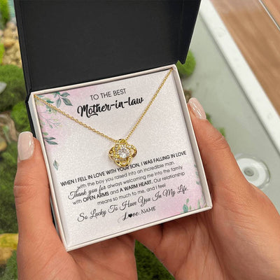 Love Knot Necklace 18K Yellow Gold Finish | Personalized To My Mother In Law Necklace from Daughter In Law I Feel So Lucky Groom's Mother of My Husband Pendant Jewelry Customized Gift Box Message Card | siriusteestore