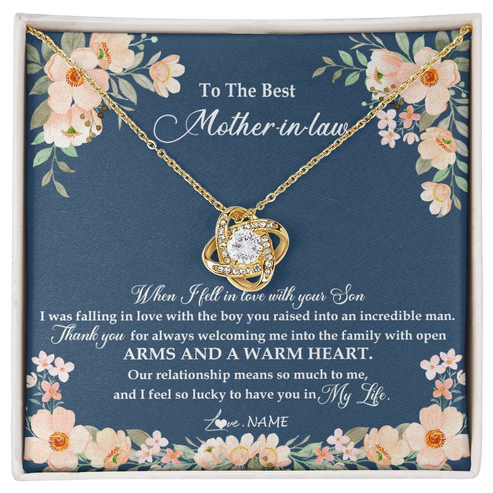 Love Knot Necklace 18K Yellow Gold Finish | Personalized To My Mother In Law Necklace from Daugter In Law Feel In Love Son Mother Of My Husband Jewelry Birthday Wedding Pendant Customized Message Card | siriusteestore