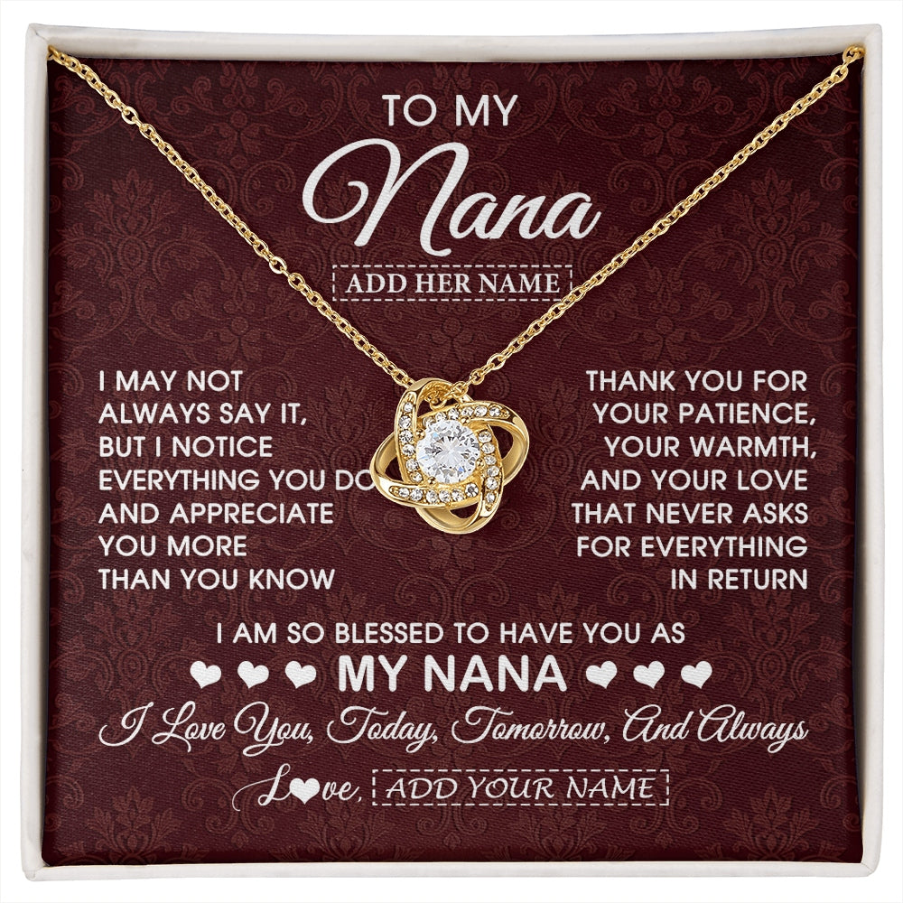 Love Knot Necklace 18K Yellow Gold Finish | 1 | Personalized To My Nana Gifts From Granddaughter Necklace Meaningful Jewelry Pendant Gifts For Nana Mothers Day Birthday Christmas Custom Gift Box Message Card | https://siriusteestore.