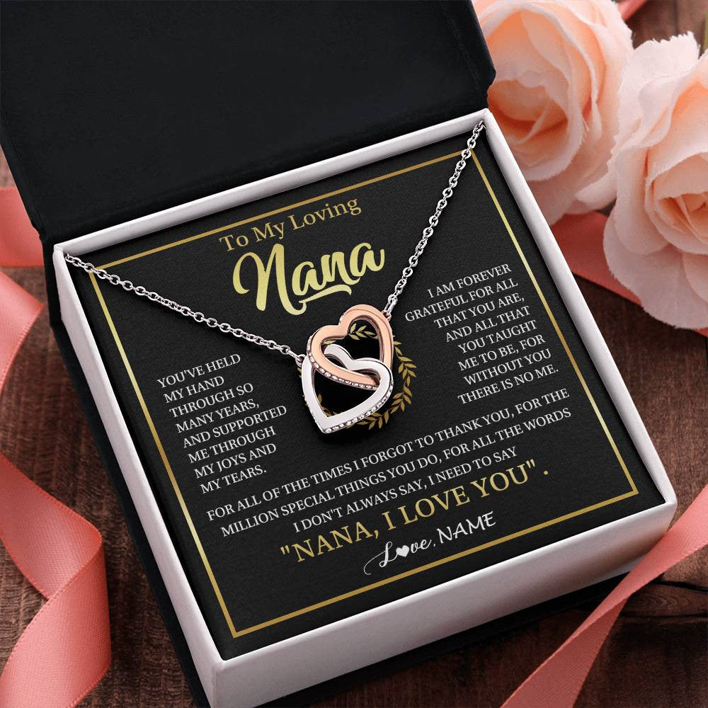 Interlocking Hearts Necklace Stainless Steel & Rose Gold Finish | 2 | Personalized To My Nana Gifts Necklace From Granddaughter Grandson Grateful Thank You Nana Birthday Mothers Day Christmas Customized Gift Box Message Card | siriusteestore