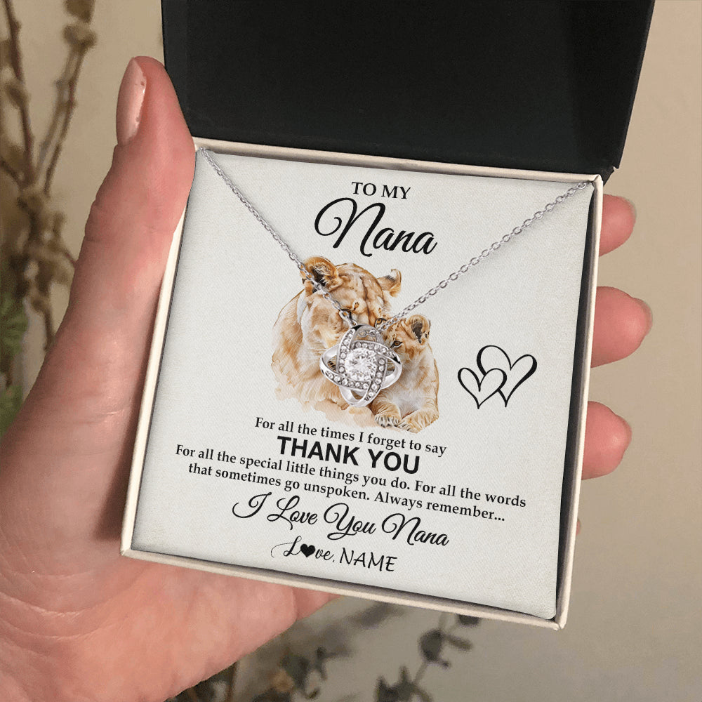 Love Knot Necklace 14K White Gold Finish | 2 | Personalized To My Nana Necklace From Granddaughter Grandson Thank You Lion Nana Gift For Mothers Day Birthday Gift Christmas For Nana Gift Box Message Card | siriusteestore