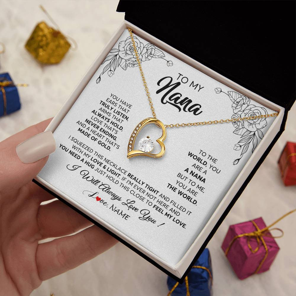 Forever Love Necklace 18K Yellow Gold Finish | 2 | Personalized To My Nana Necklace From Grandkids Granddaughter Hold This Close Feel My Love Nana Birthday Mothers Day Christmas Customized Gift Box Message Card | siriusteestore