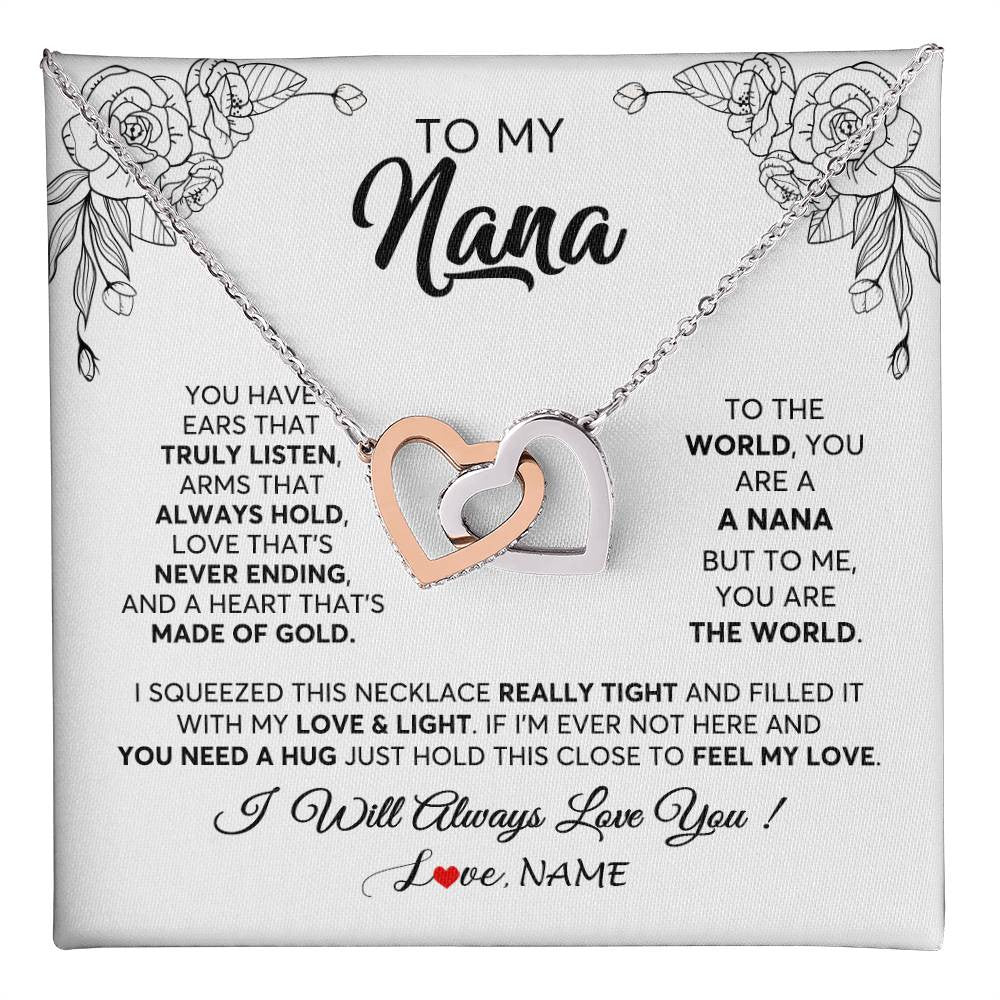 Interlocking Hearts Necklace Stainless Steel & Rose Gold Finish | 1 | Personalized To My Nana Necklace From Grandkids Granddaughter Hold This Close Feel My Love Nana Birthday Mothers Day Christmas Customized Gift Box Message Card | siriusteestore