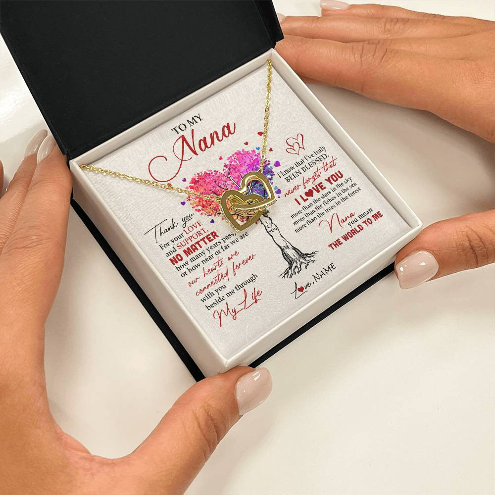 Interlocking Hearts Necklace 18K Yellow Gold Finish | 2 | Personalized To My Nana Necklace From Grandkids Never Forget That I Love You You Mean The World Nana Birthday Mothers Day Christmas Customized Gift Box Message Card | siriusteestore