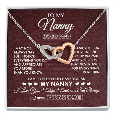 Interlocking Hearts Necklace Stainless Steel & Rose Gold Finish | 1 | Personalized To My Nanny Gifts Necklace Meaningful Jewelry Pendant Gifts For Nanny Mothers Day Birthday Anniversary Christmas Custom Gift Box Message Card | https://siriusteestore.