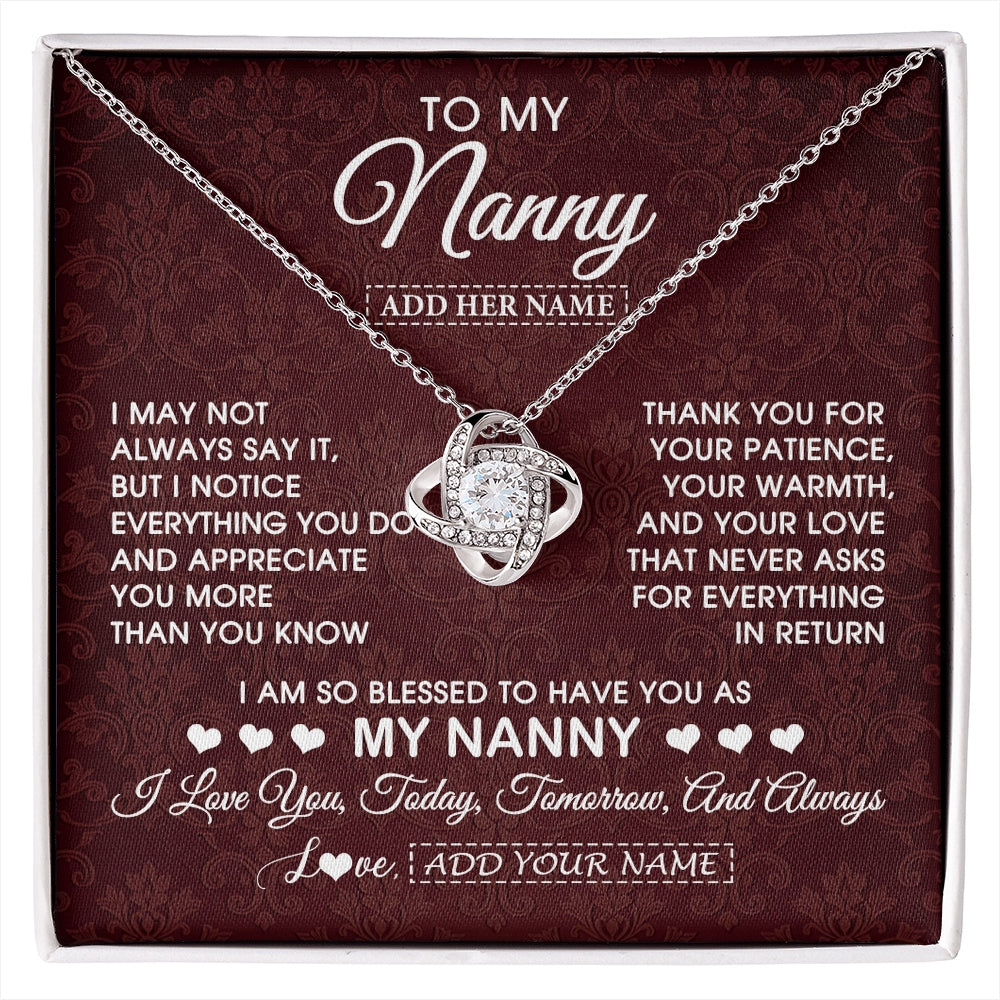 Love Knot Necklace 14K White Gold Finish | 1 | Personalized To My Nanny Gifts Necklace Meaningful Jewelry Pendant Gifts For Nanny Mothers Day Birthday Anniversary Christmas Custom Gift Box Message Card | https://siriusteestore.