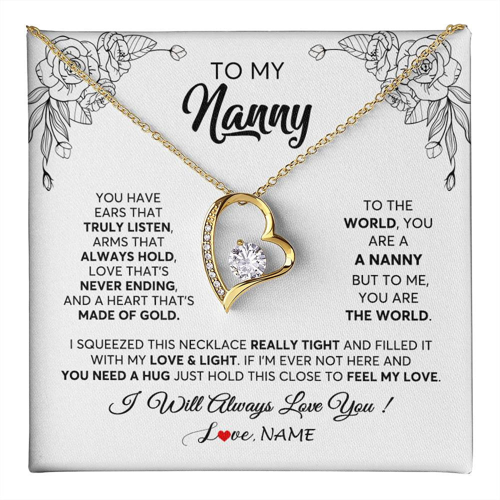 Forever Love Necklace 18K Yellow Gold Finish | 1 | Personalized To My Nanny Necklace From Kids Hold This Close Feel My Love Nanny Birthday Mothers Day Christmas Jewelry Pendant Customized Gift Box Message Card | siriusteestore