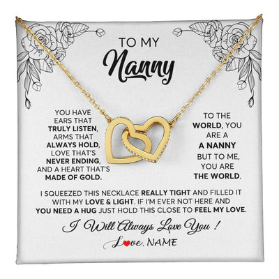 Interlocking Hearts Necklace 18K Yellow Gold Finish | 1 | Personalized To My Nanny Necklace From Kids Hold This Close Feel My Love Nanny Birthday Mothers Day Christmas Jewelry Pendant Customized Gift Box Message Card | siriusteestore