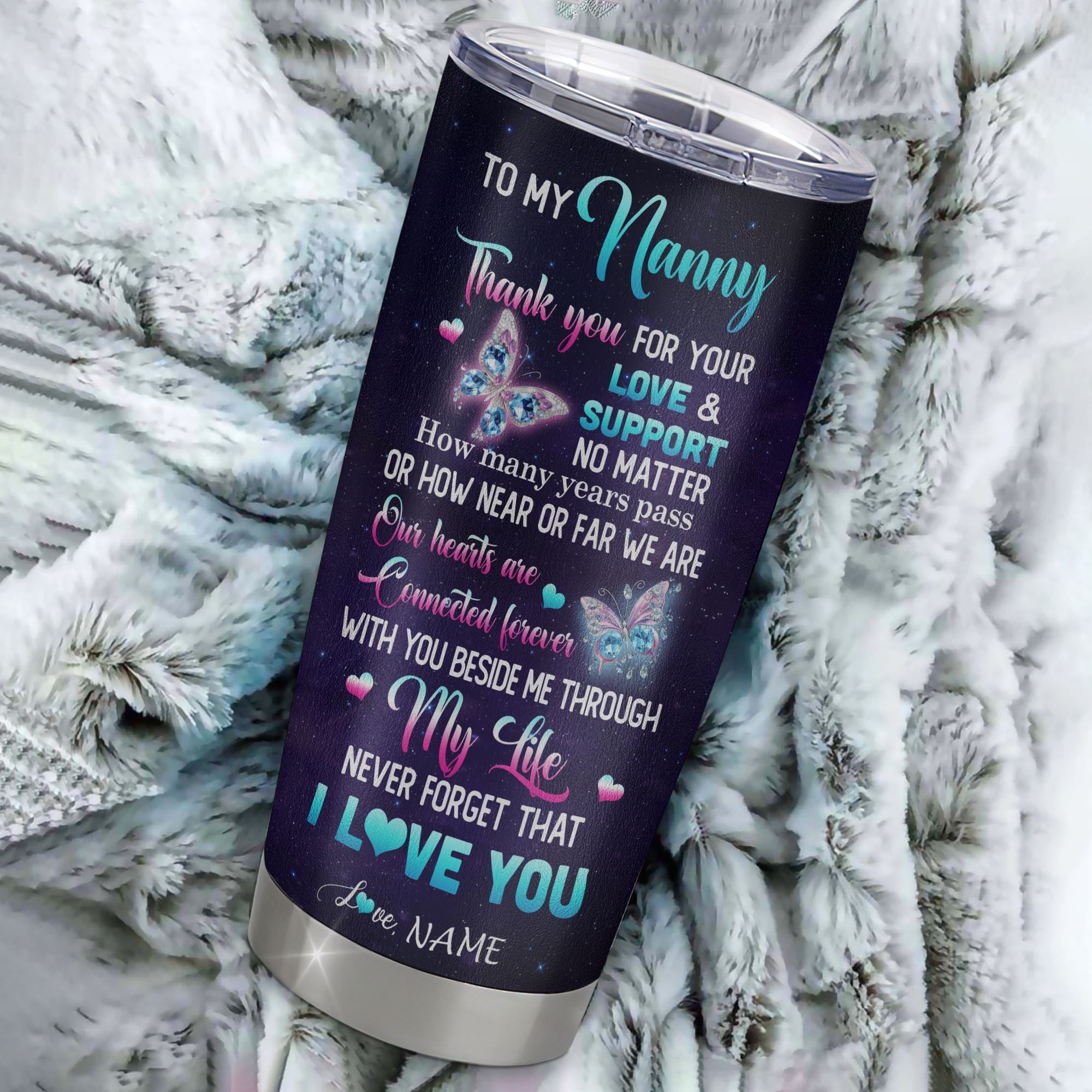 Personalized To My Nanny Tumbler From Kids Stainless Steel Cup Butterfly Thank You For Your Love Nanny Gift Birthday Mothers Day Christmas Custom Travel Mug | siriusteestore