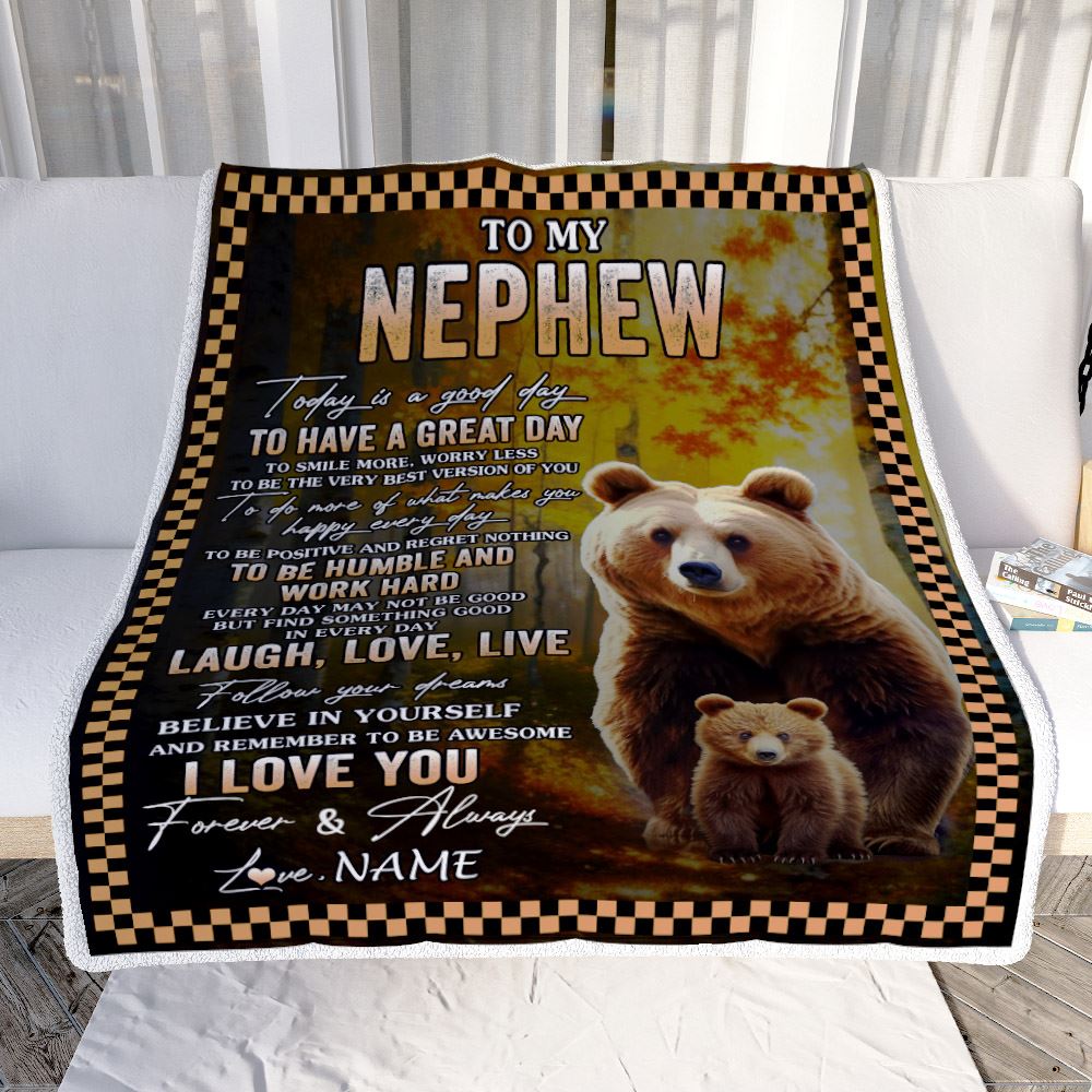 Personalized To My Nephew Bear Blanket From Aunt Uncle Auntie Every Day Laugh Love Live Nephew Birthday Gifts Christmas Customized Fleece Throw Blanket | siriusteestore
