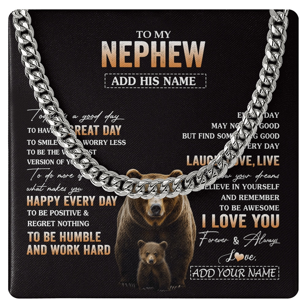 Cuban Link Chain Necklace Stainless Steel | 1 | Personalized To My Nephew Bear Necklace From Aunt Uncle Auntie Every Day Laugh Love Live Nephew Birthday Gifts Christmas Custom Gift Box Message Card | https://siriusteestore.