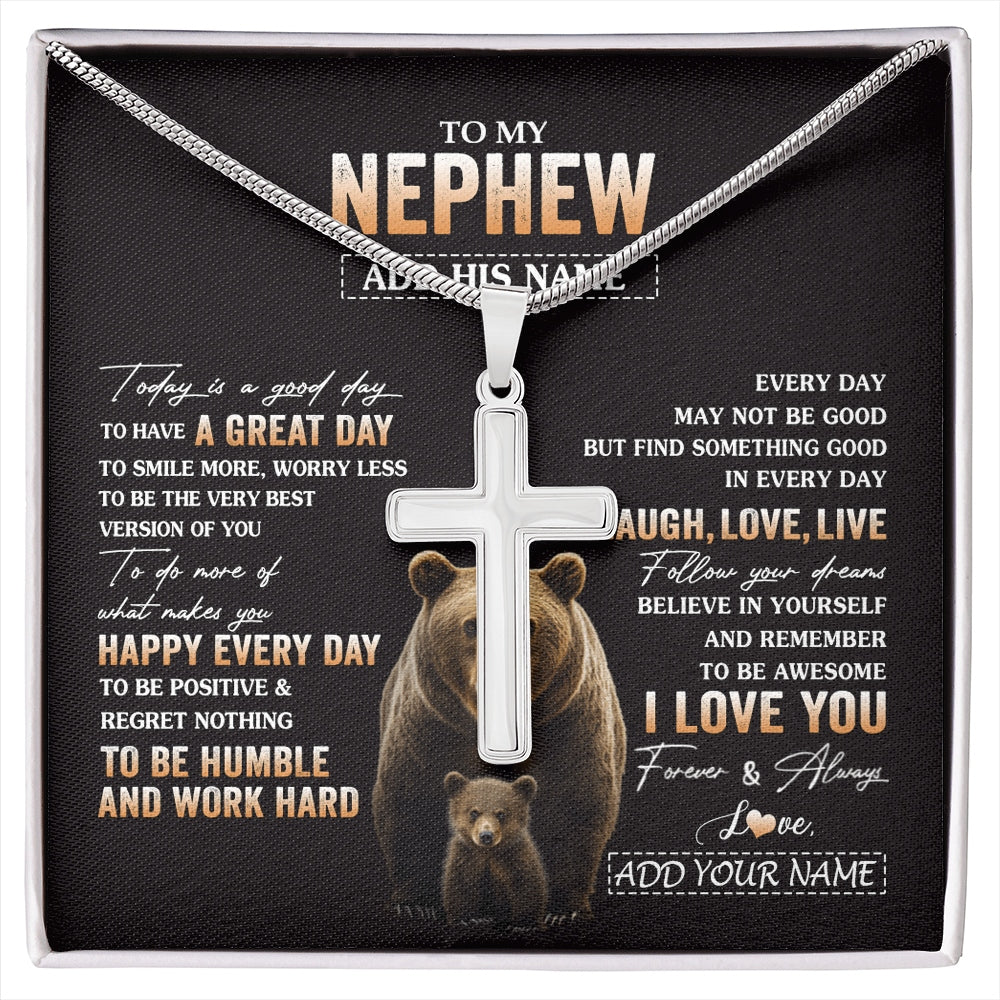 Stainless Cross Necklace Stainless Steel | 1 | Personalized To My Nephew Bear Necklace From Aunt Uncle Auntie Every Day Laugh Love Live Nephew Birthday Gifts Christmas Custom Gift Box Message Card | https://siriusteestore.