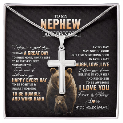 Stainless Cross Necklace Stainless Steel | 1 | Personalized To My Nephew Bear Necklace From Aunt Uncle Auntie Every Day Laugh Love Live Nephew Birthday Gifts Christmas Custom Gift Box Message Card | https://siriusteestore.