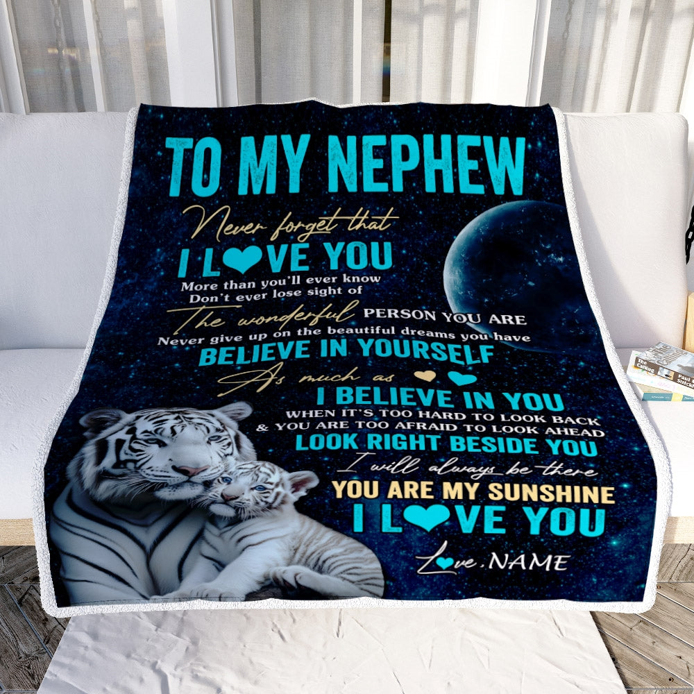 Personalized To My Nephew Blanket From Aunt Auntie Uncle Never Forget I Love You White Tiger Nephew Birthday Graduation Christmas Customized Fleece Blanket | siriusteestore
