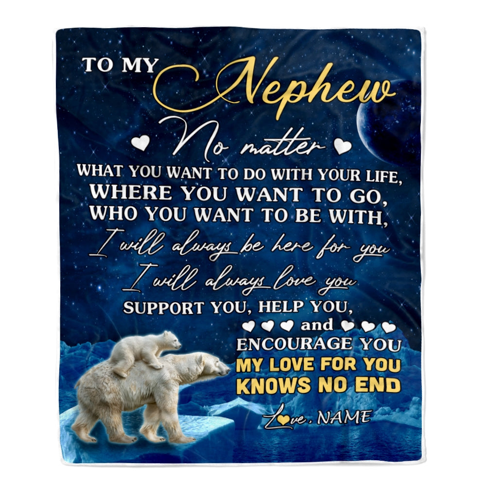 Personalized To My Nephew Blanket From Aunt Auntie Uncle Polar Bear I Will Always Love You Nephew Birthday Graduation Christmas Customized Fleece Throw Blanket | siriusteestore