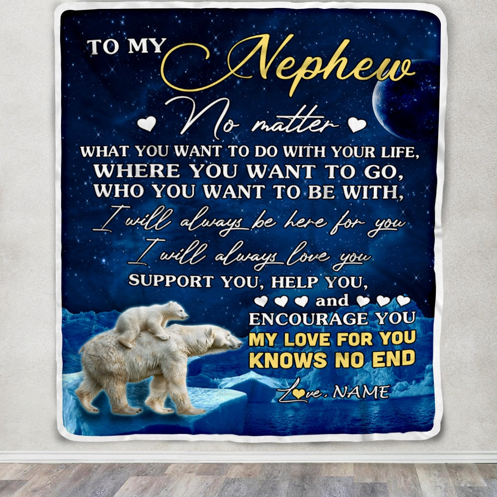 Personalized To My Nephew Blanket From Aunt Auntie Uncle Polar Bear I Will Always Love You Nephew Birthday Graduation Christmas Customized Fleece Throw Blanket | siriusteestore
