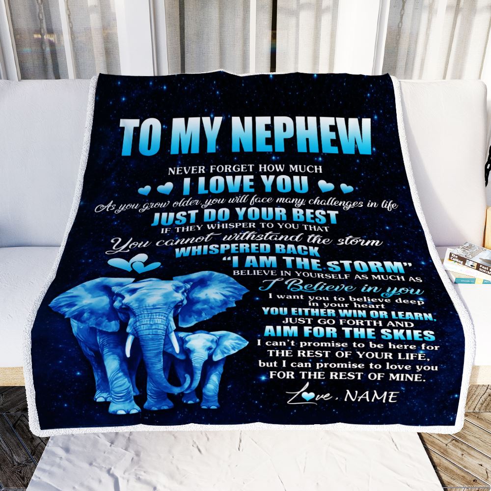 Personalized To My Nephew Blanket From Aunt Uncle Elephant Never Forget I Love You Nephew Birthday Gifts Graduation Christmas Customized Fleece Throw Blanket | siriusteestore