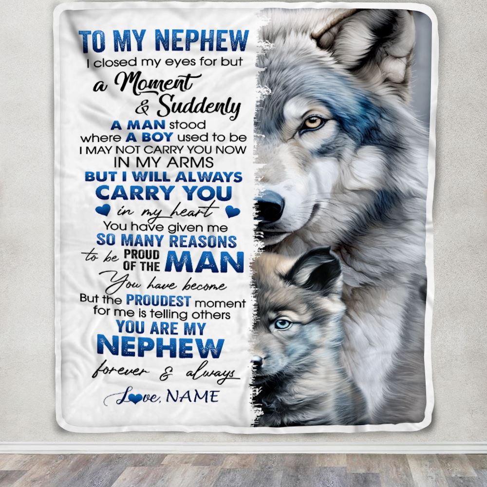 Personalized To My Nephew Blanket From Aunt Uncle I Close My Eyes For But A Moment Wolf Nephew Birthday Graduation Christmas Customized Gift Fleece Blanket | siriusteestore