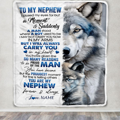 Personalized To My Nephew Blanket From Aunt Uncle I Close My Eyes For But A Moment Wolf Nephew Birthday Graduation Christmas Customized Gift Fleece Blanket | siriusteestore