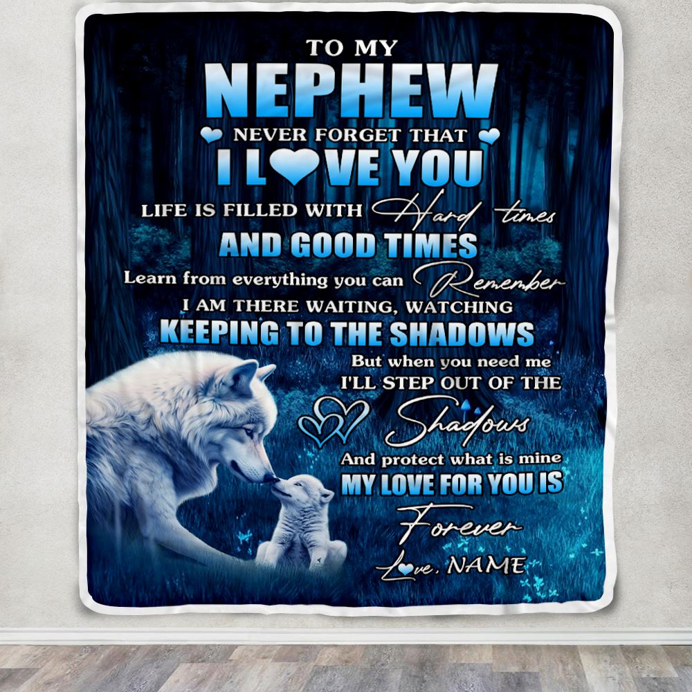 Personalized To My Nephew Blanket From Aunt Uncle Wolf Never Forget That I Love You Moon Dark Forest Nephew Birthday Gifts Christmas Customized Fleece Blanket | siriusteestore