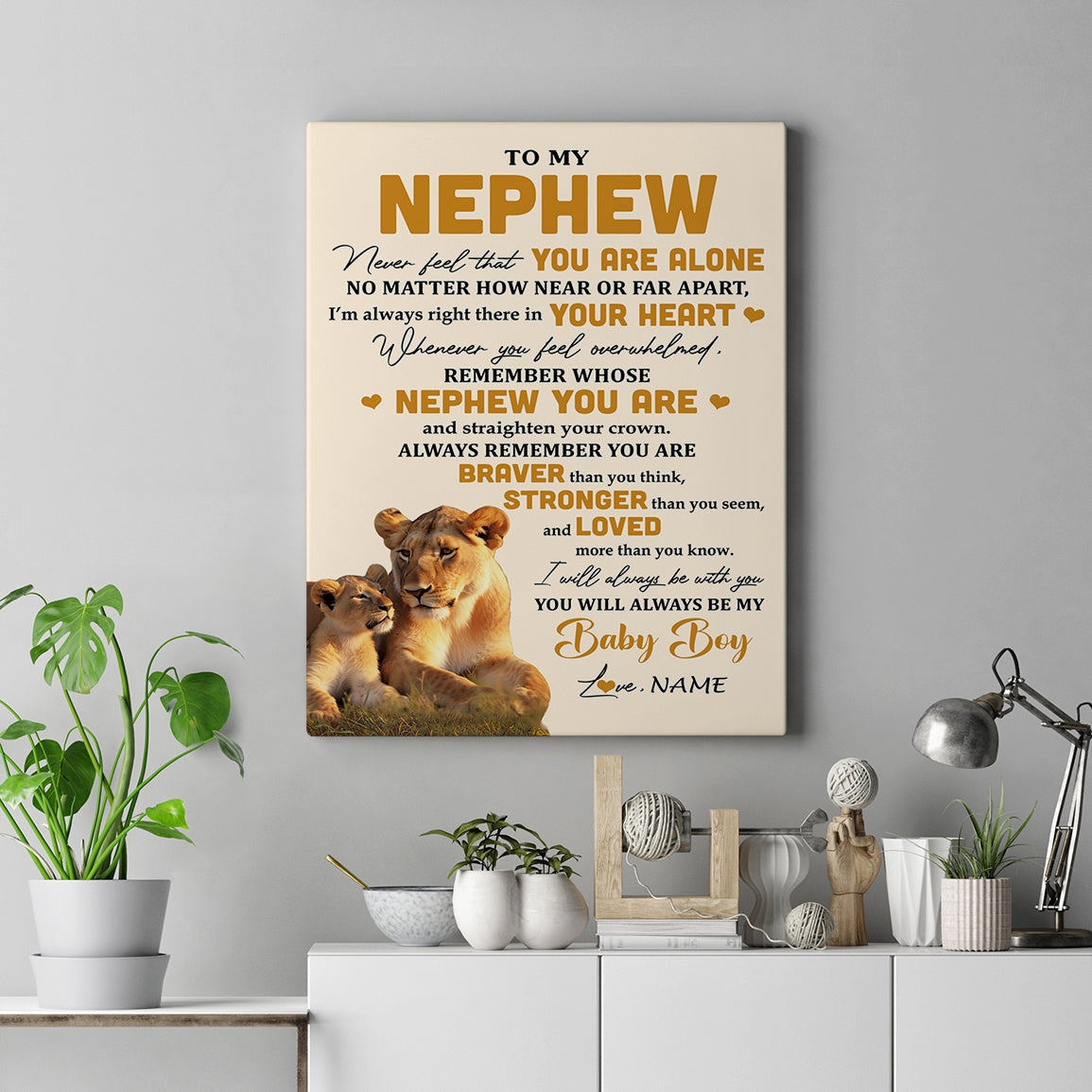 Personalized To My Nephew Canvas From Aunt Auntie Lion Never Feel That You Are Alone Great Nephew Birthday Gifts Christmas Custom Wall Art Print Framed Canvas | siriusteestore