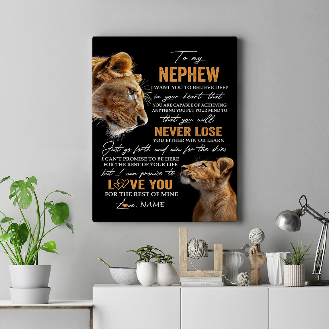 Personalized To My Nephew Canvas From Aunt Auntie You Will Never Lose Lion Nephew Birthday Gifts Graduation Christmas Custom Wall Art Print Framed Canvas | siriusteestore