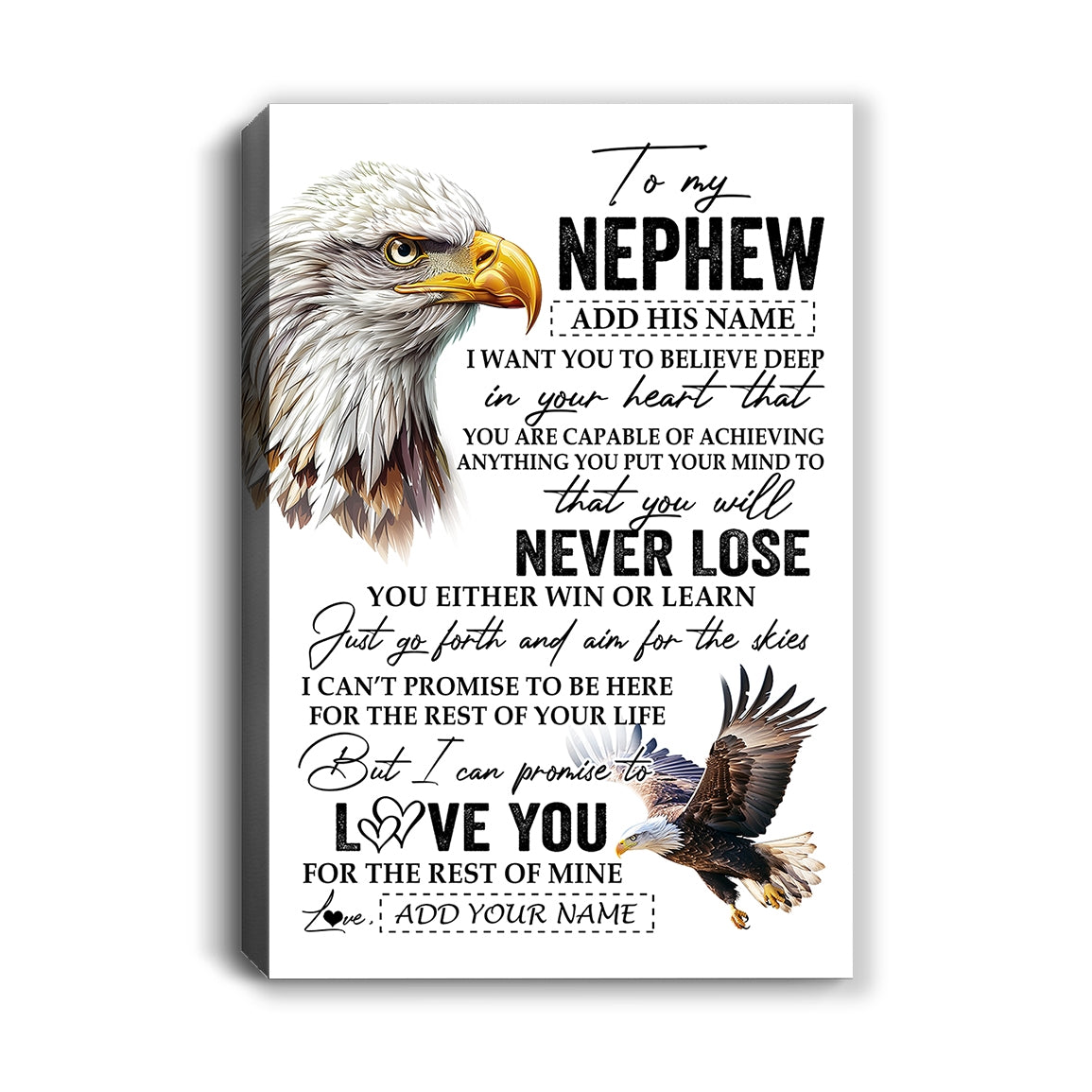 Personalized To My Nephew Canvas From Aunt Uncle Auntie You Will Never Lose Eagle Nephew Birthday Gifts Graduation Christmas Custom Wall Art Print Framed Canvas | siriusteestore