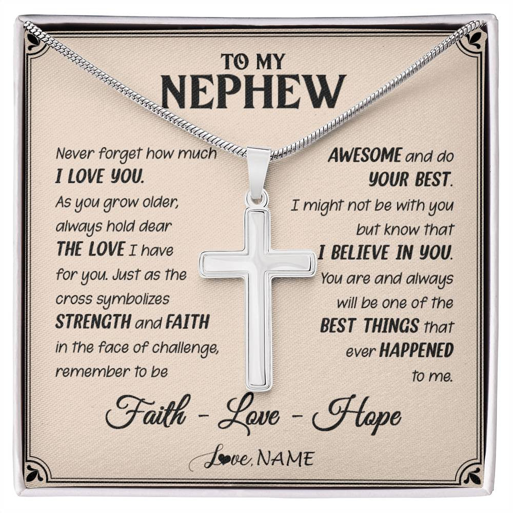 Stainless Cross Necklace Stainless Steel | 1 | Personalized To My Nephew Cross Necklace From Aunt Uncle Strength And Faith Nephew Birthday Christmas New Year Graduation Customized Gift Box Message Card | siriusteestore