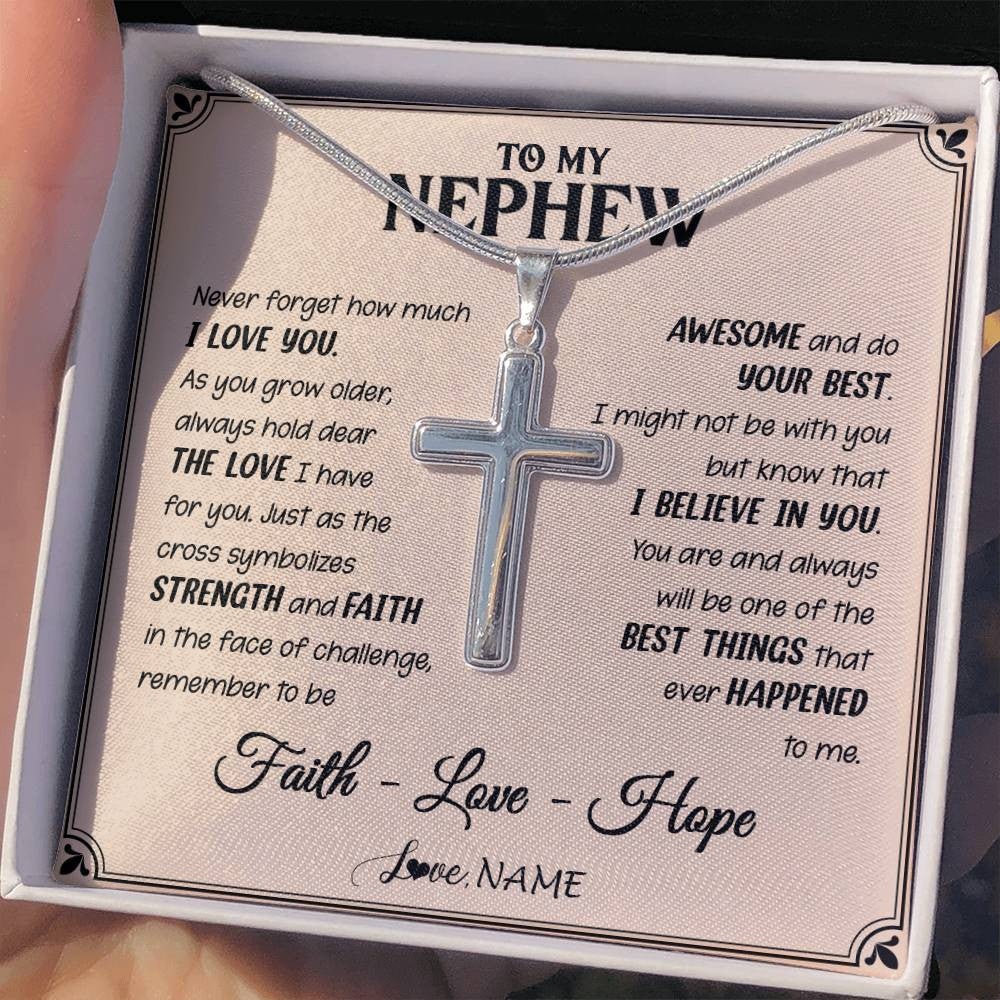 Stainless Cross Necklace Stainless Steel | 2 | Personalized To My Nephew Cross Necklace From Aunt Uncle Strength And Faith Nephew Birthday Christmas New Year Graduation Customized Gift Box Message Card | siriusteestore