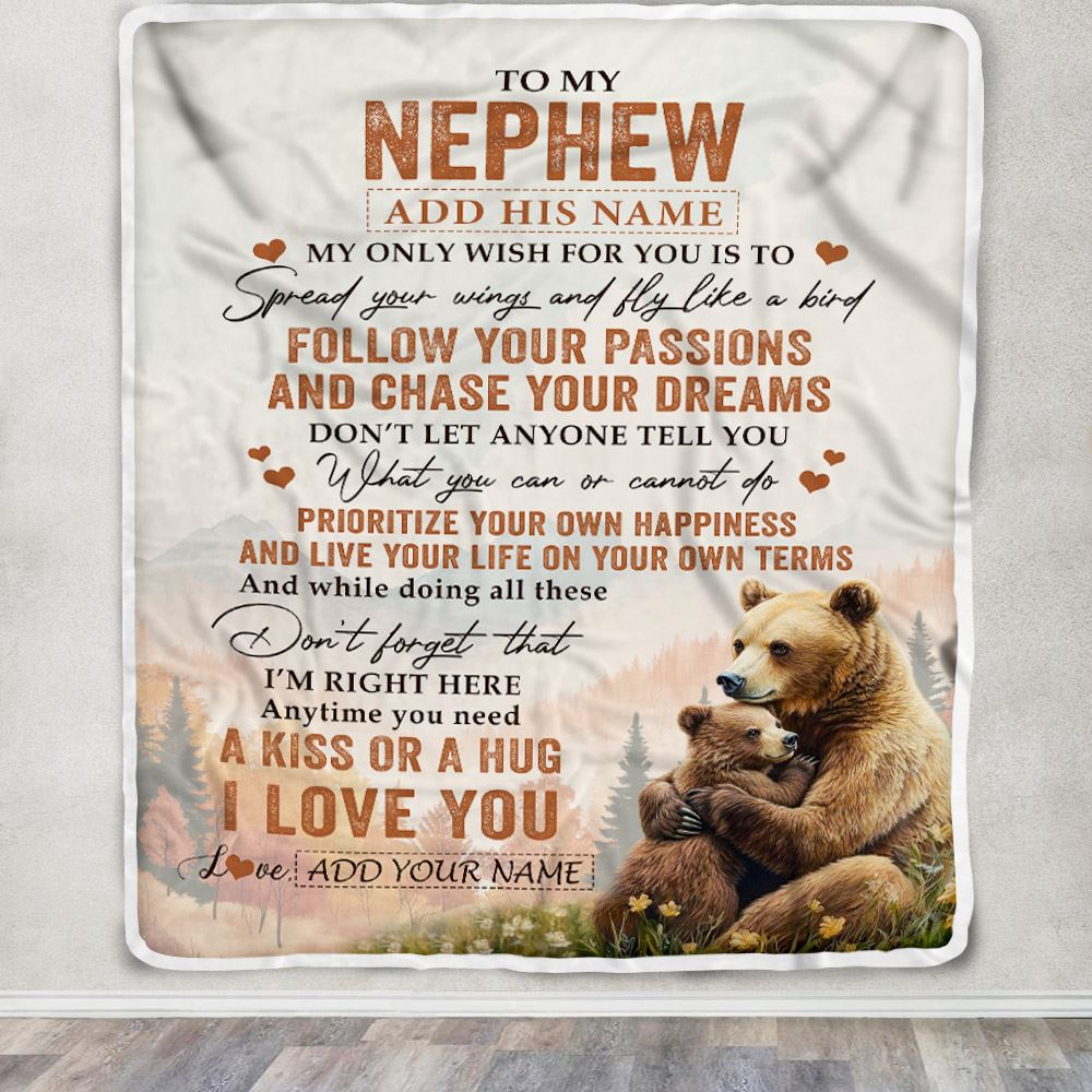 Personalized To My Nephew Gifts Blanket From Aunt Uncle Auntie Bear My Only Wish For You Nephew Birthday Gifts Graduation Christmas Fleece Throw Blanket | siriusteestore