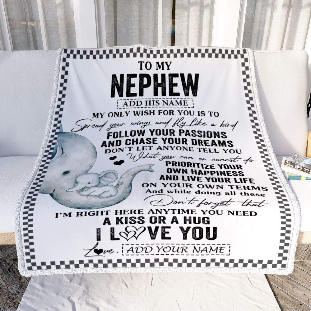 Personalized To My Nephew Gifts Blanket From Aunt Uncle Auntie Elephant My Only Wish For You Nephew Birthday Gifts Graduation Christmas Fleece Throw Blanket | siriusteestore