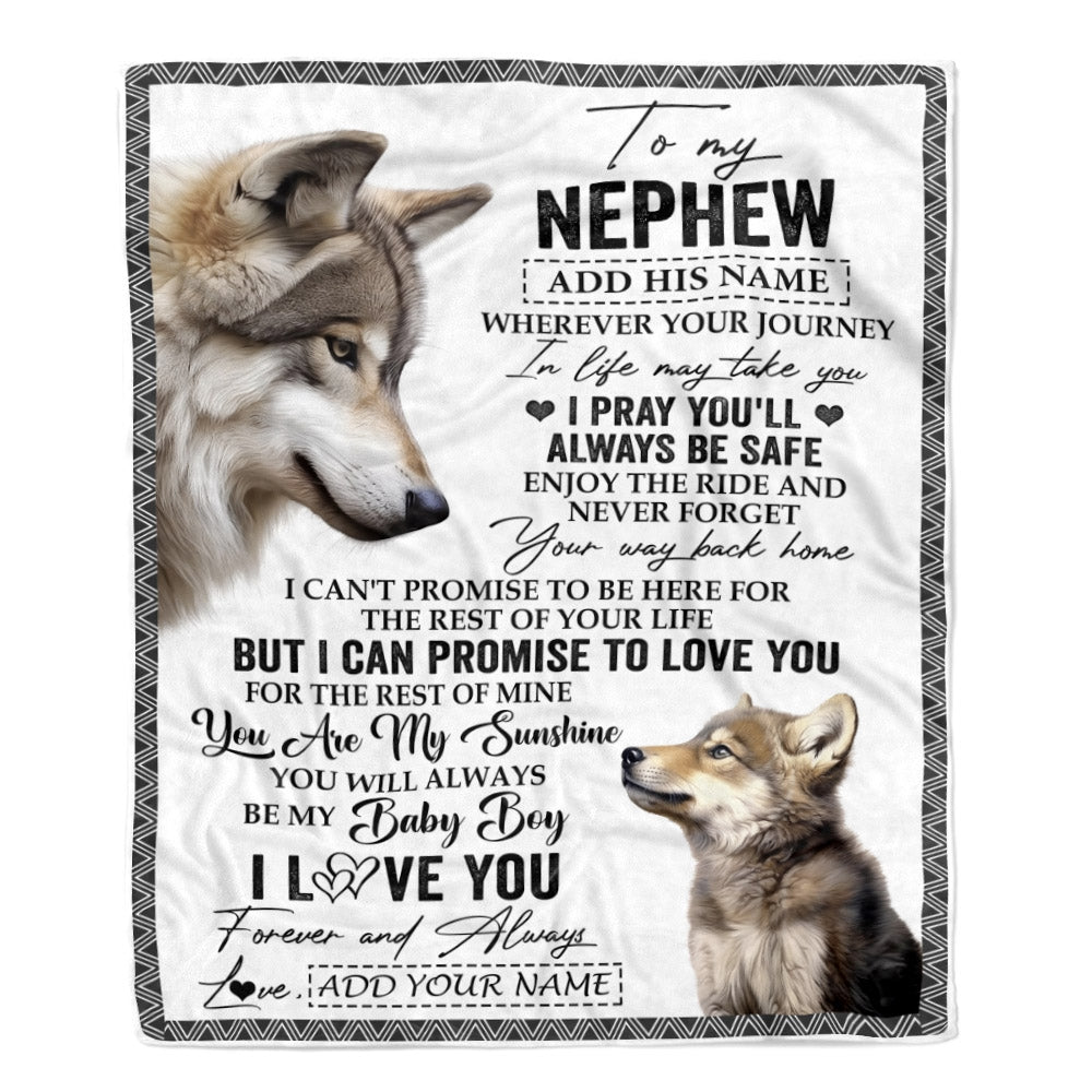 Personalized To My Nephew Gifts Blanket From Aunt Uncle Auntie Wherever Your Journey In Life Wolf Nephew Birthday Gifts Warm Customized Fleece Throw Blanket | siriusteestore