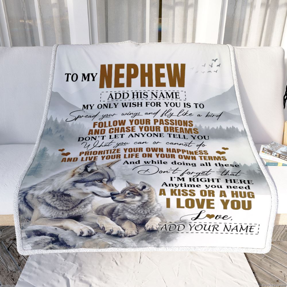 Personalized To My Nephew Gifts Blanket From Aunt Uncle Auntie Wolf My Only Wish For You Nephew Birthday Gifts Graduation Christmas Fleece Throw Blanket | siriusteestore